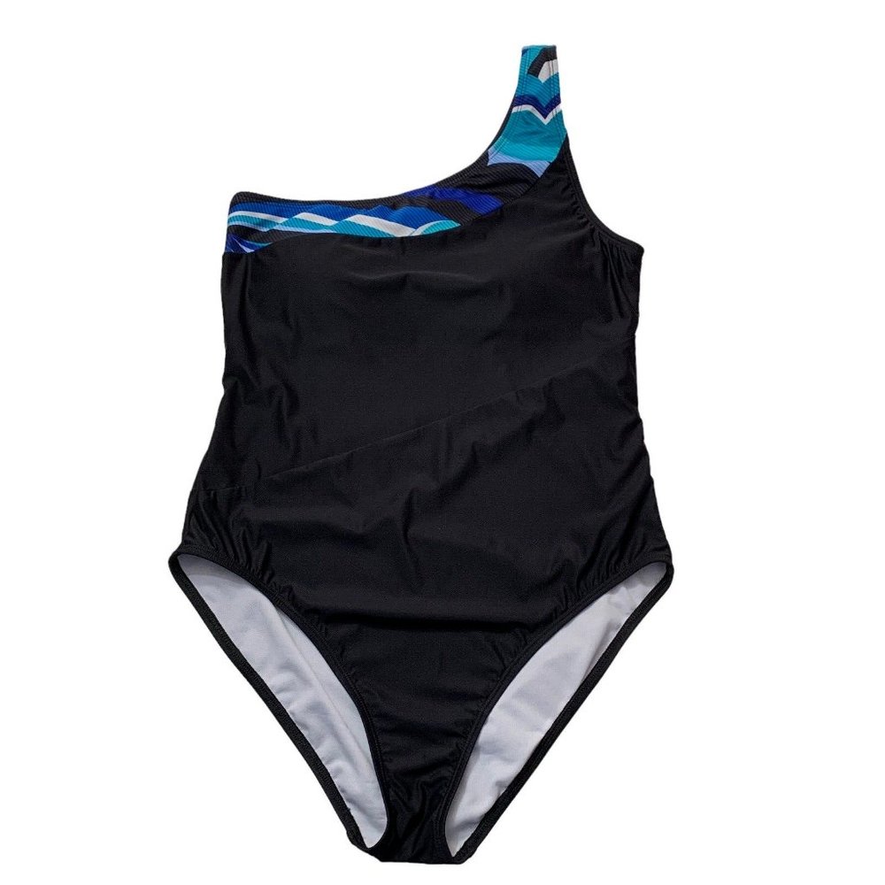 Amavi One Shoulder One Piece Swimsuit Size 14 Black with Blue Built In Bra NWOT